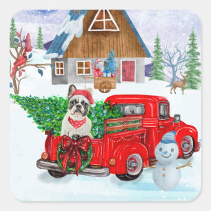 Sticker Carré Chien-taureau français en livraison de Noël Camion