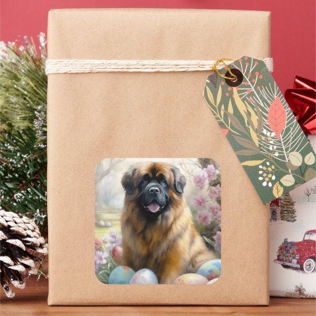 Sticker Carré Chien tibétain mastiff avec oeufs de Pâques vacanc (vacances)
