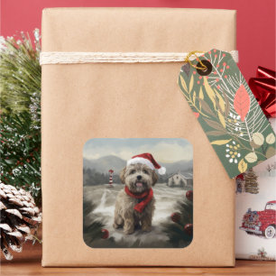 Sticker Carré Chien Yorkipod en Noël de neige