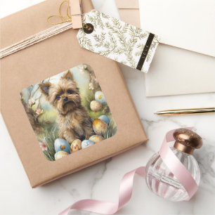 Sticker Carré Chien Yorkipoo Avec Oeufs De Pâques Vacances