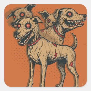 Sticker Carré Chien Zombie Hydre Multi-Tête Chien Mort-Vivant Ho