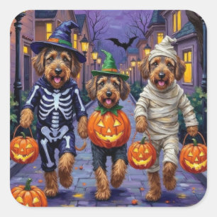 Sticker Carré Chiens Airedale Terrier Trick-or-Treating Hallowee