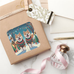 Sticker Carré Chiens Akita Noël Neige Fêtes
