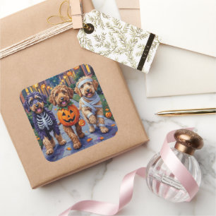 Sticker Carré Chiens Bernedoodle faisant Trick-or-Treating en te
