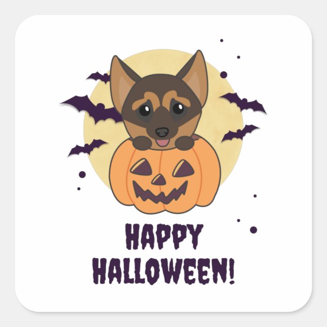Sticker Carré Chiens Citrouilles bergers allemands heureux Hallo (Devant)