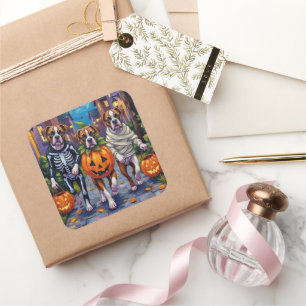 Sticker Carré Chiens de boxe - Trick ou traitement en costumes d