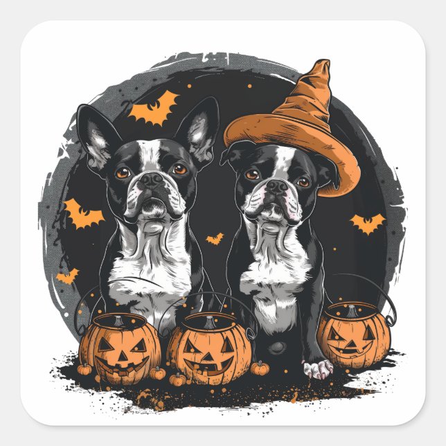 Sticker Carré Chiens de Halloween Boston Terrier (Devant)