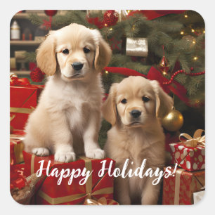 Sticker Carré Chiens de marionnettes adorables Joyeuses fêtes No