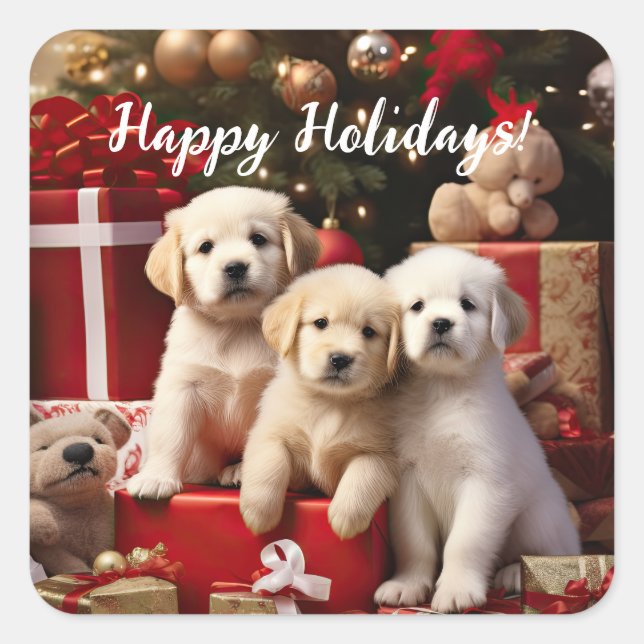 Sticker Carré Chiens de marionnettes adorables Joyeuses fêtes No (Devant)