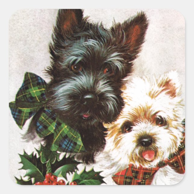 Sticker Carré Chiens de Noël Vintage (Devant)