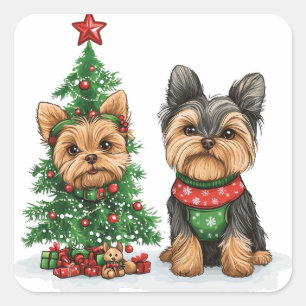 Sticker Carré Chiens de Noël Yorkie