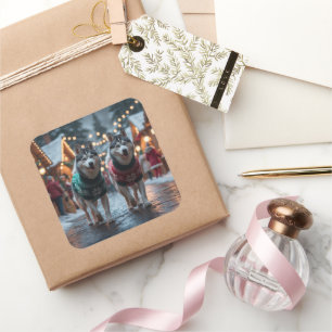 Sticker Carré Chiens Husky Sibérien Noël Neige Vacances 