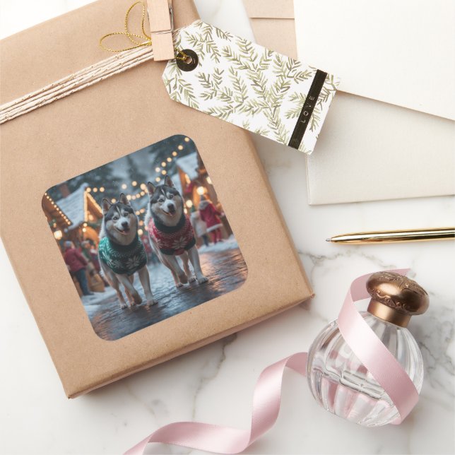 Sticker Carré Chiens Husky Sibérien Noël Neige Vacances  (Cadeaux)