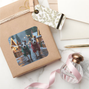 Sticker Carré Chiens Rat Terrier Noël Neige Fêtes