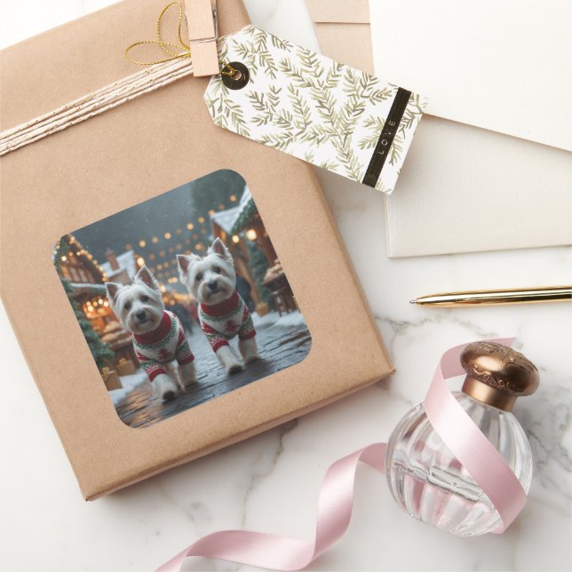 Sticker Carré Chiens Terrier Blanc West Highland Noël Neige  (Cadeaux)