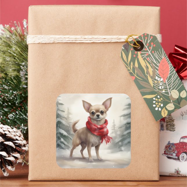 Sticker Carré Chihuahua Chien dans Noël de neige (vacances)