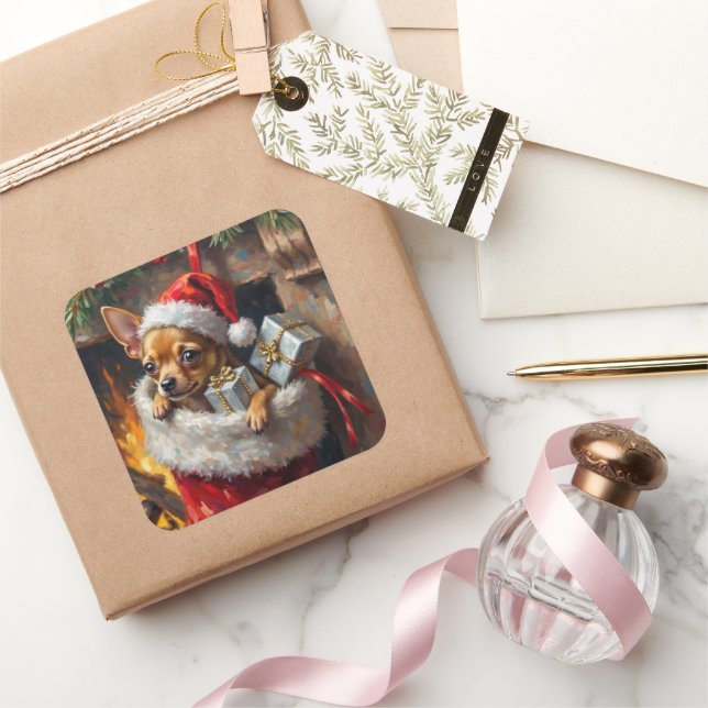 Sticker Carré Chihuahua Dog Christmas Stocking Surprise Art (Cadeaux)