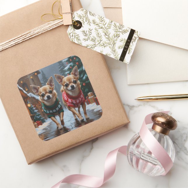Sticker Carré Chihuahua Dogs Christmas Snow Holiday (Cadeaux)