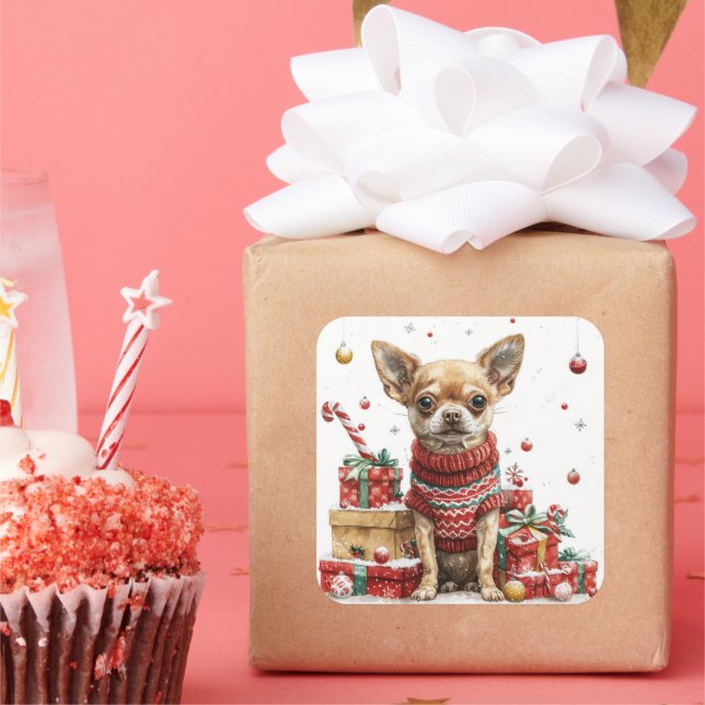 Sticker Carré Chihuahua en pull avec boîtes cadeaux (Fête)