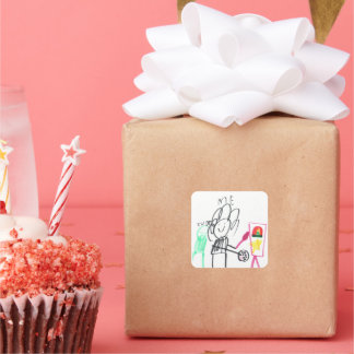 Sticker Carré Child Drawing Stick Figure Colorful 