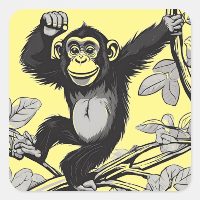 Sticker Carré Chimpanzé mignon sur la branche accueille (Devant)