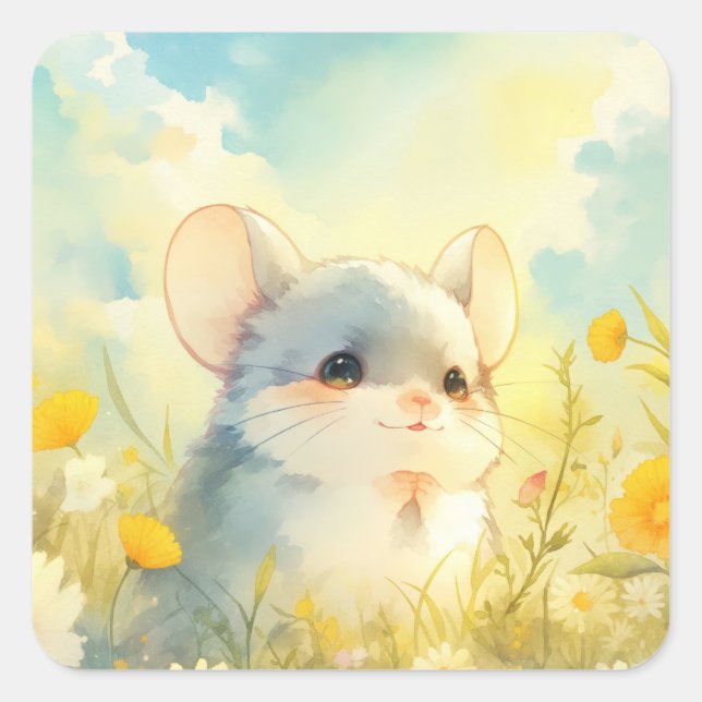 Sticker Carré Chinchilla Joyeux Coup d'Œil sur les Fleurs Sauvag (Devant)
