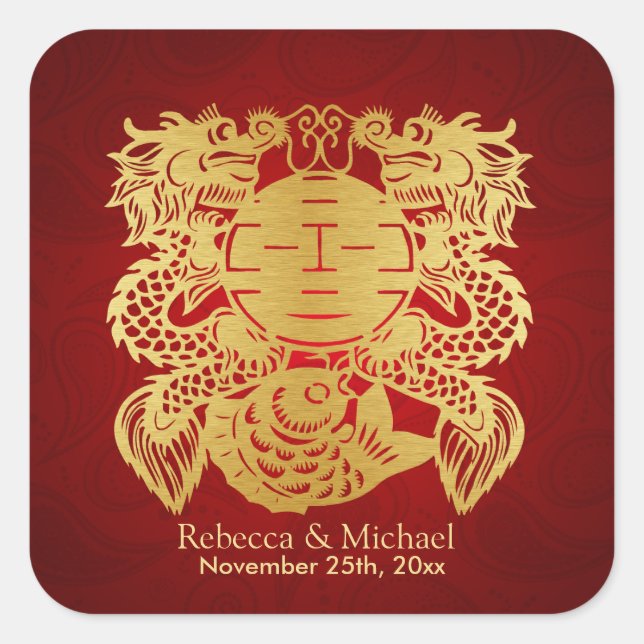 Sticker Carré Chine Double bonheur avec Dragons (Devant)