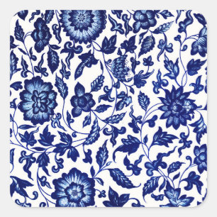 Sticker Carré Chinois bleu marine foncé motif floral sur blanc