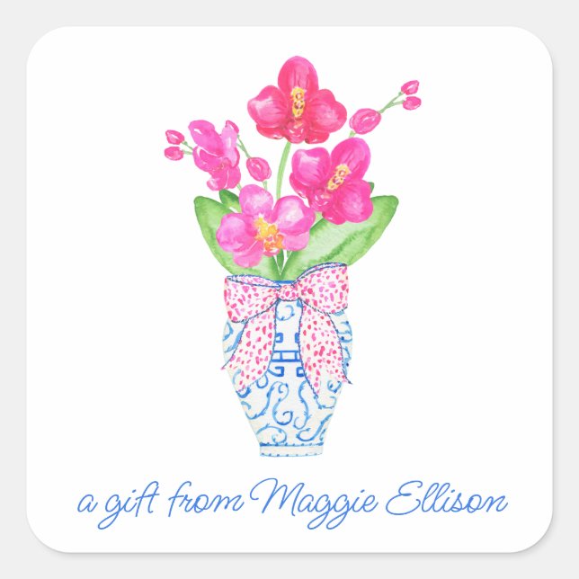 Sticker Carré Chinoiserie Aquarelle Ginger Jar Orchidée cadeau (Devant)