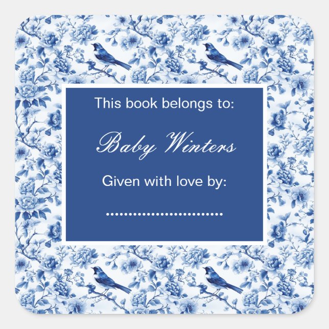 Sticker Carré Chinoiserie Baby shower des oiseaux et fleurs bleu (Devant)