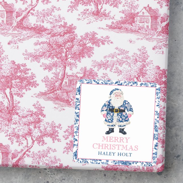 Sticker Carré Chinoiserie bleue et rose Toile Noël Père Noël (Créateur téléchargé)