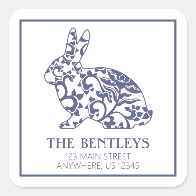 Sticker Carré Chinoiserie Lapin Rabbit Adresse de retour Étiquet (Devant)