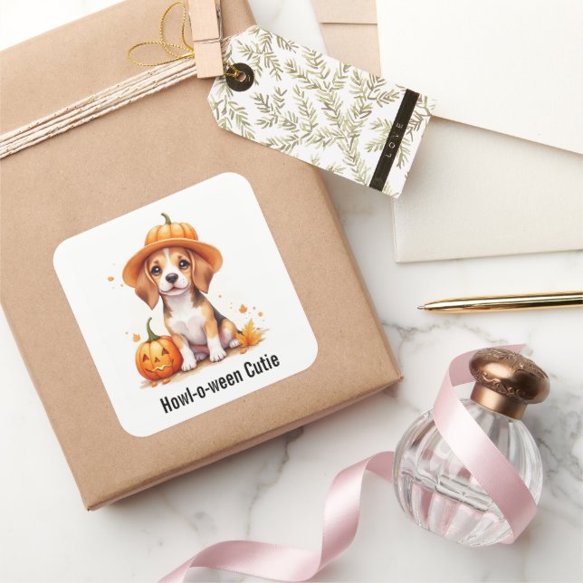 Sticker Carré Chiot beagle en Citrouille Casquette Halloween Aqu (Cadeaux)