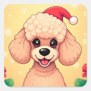 Sticker Carré Chiot Caniche Mignon dans une Scène de Noël avec d
