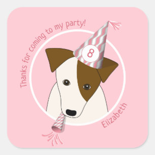 Sticker Carré chiot chien d'anniversaire portant fête casquette 