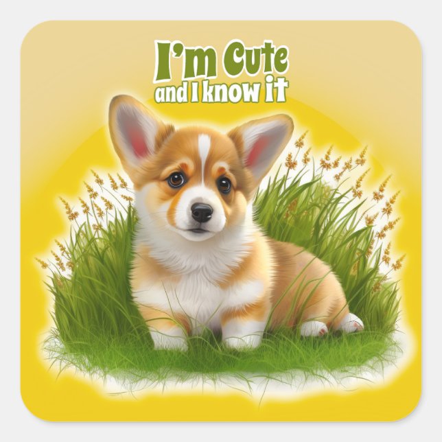 Sticker Carré Chiot de Corgi sur l'herbe | animal mignon (Devant)