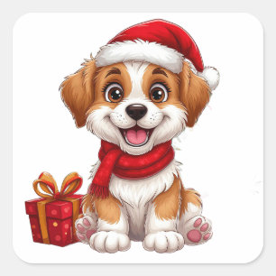 Sticker Carré Chiot de Noël adorable avec chapeau de Père Noël