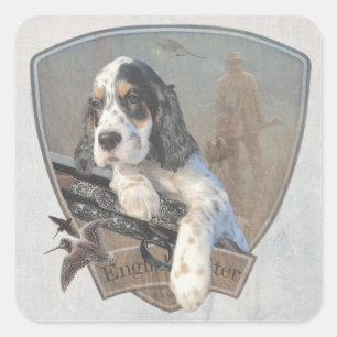 Sticker Carré Chiot de Setter anglais avec fusil de chasse class