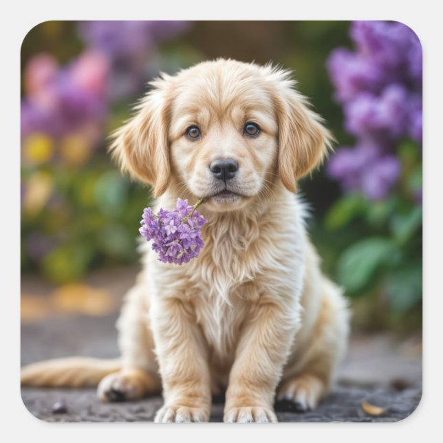 Sticker Carré Chiot Golden Retriever avec Lilacs (Devant)