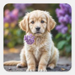 Sticker Carré Chiot Golden Retriever avec Lilacs