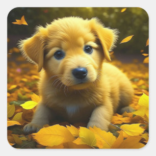 Sticker Carré Chiot jaune du Labrador jouant dans les feuilles d