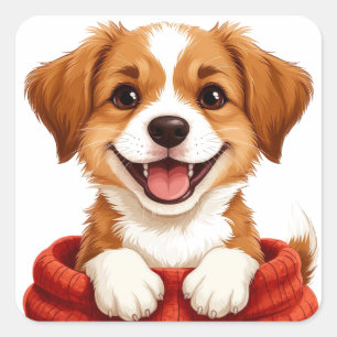 Sticker Carré Chiot Mignon Avec Écharpe Pour Amateurs de Chiens