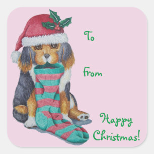 Sticker Carré chiot noir et brun mignon vêtu pour noël