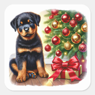Sticker Carré Chiot Rottweiler à côté d'un arbre de Noël