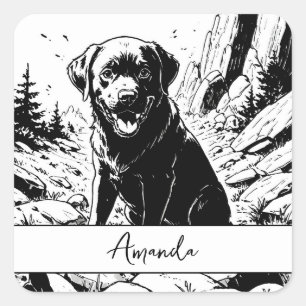 Sticker Carré Chiot vintage noir sans couleur Labrador