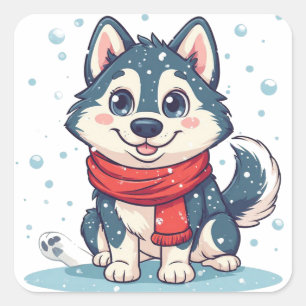 Sticker Carré Chiots Husky Sibérien Avec Écharpe Rouge Dans La N