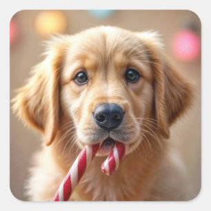 Sticker Carré Chiots Retriever Doré Avec un Bâton de Bonbon