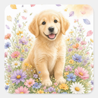 Sticker Carré Chiots Retriever Doré dans les Fleurs Sauvages