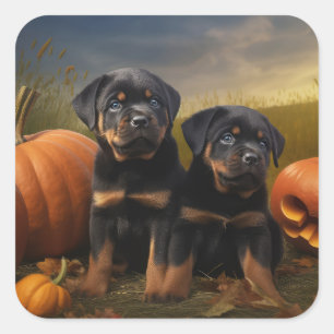 Sticker Carré Chiots Rottweiler Délice d'Automne Citrouille