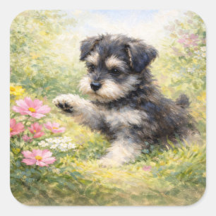Sticker Carré Chiots Schnauzer Fleurs de printemps